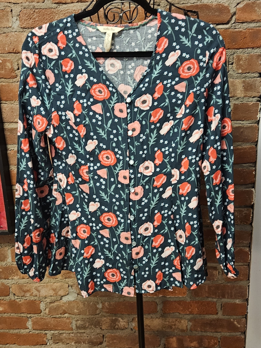 Matilda Jane Navy Floral Button-Up Blouse with Coral & Pink Blooms